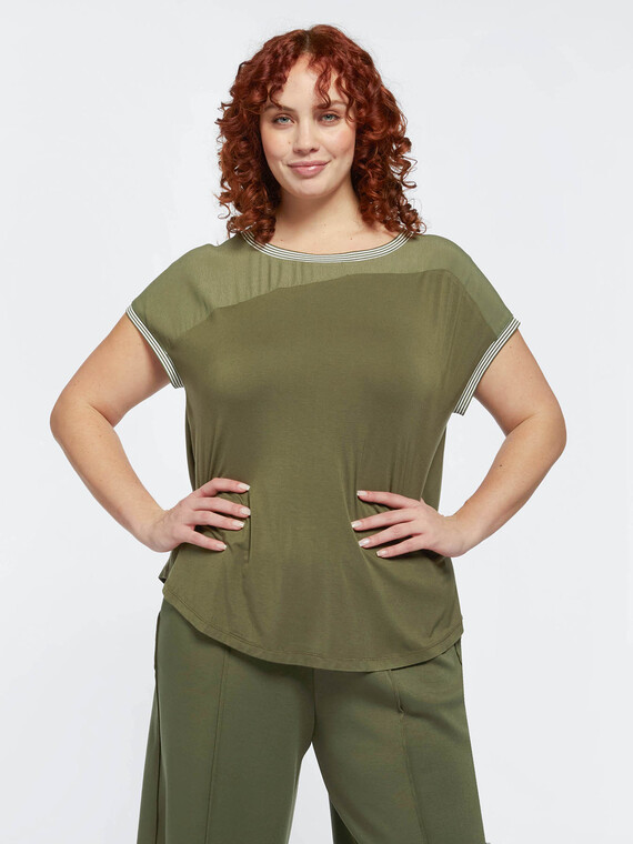 Fiorella Rubino - T-shirt in doppio tessuto con scollo a righe Donna, Verde Taglia: 01