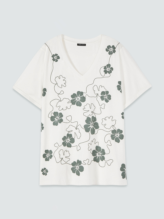 Viscose t-shirt with floral print and embroidery
