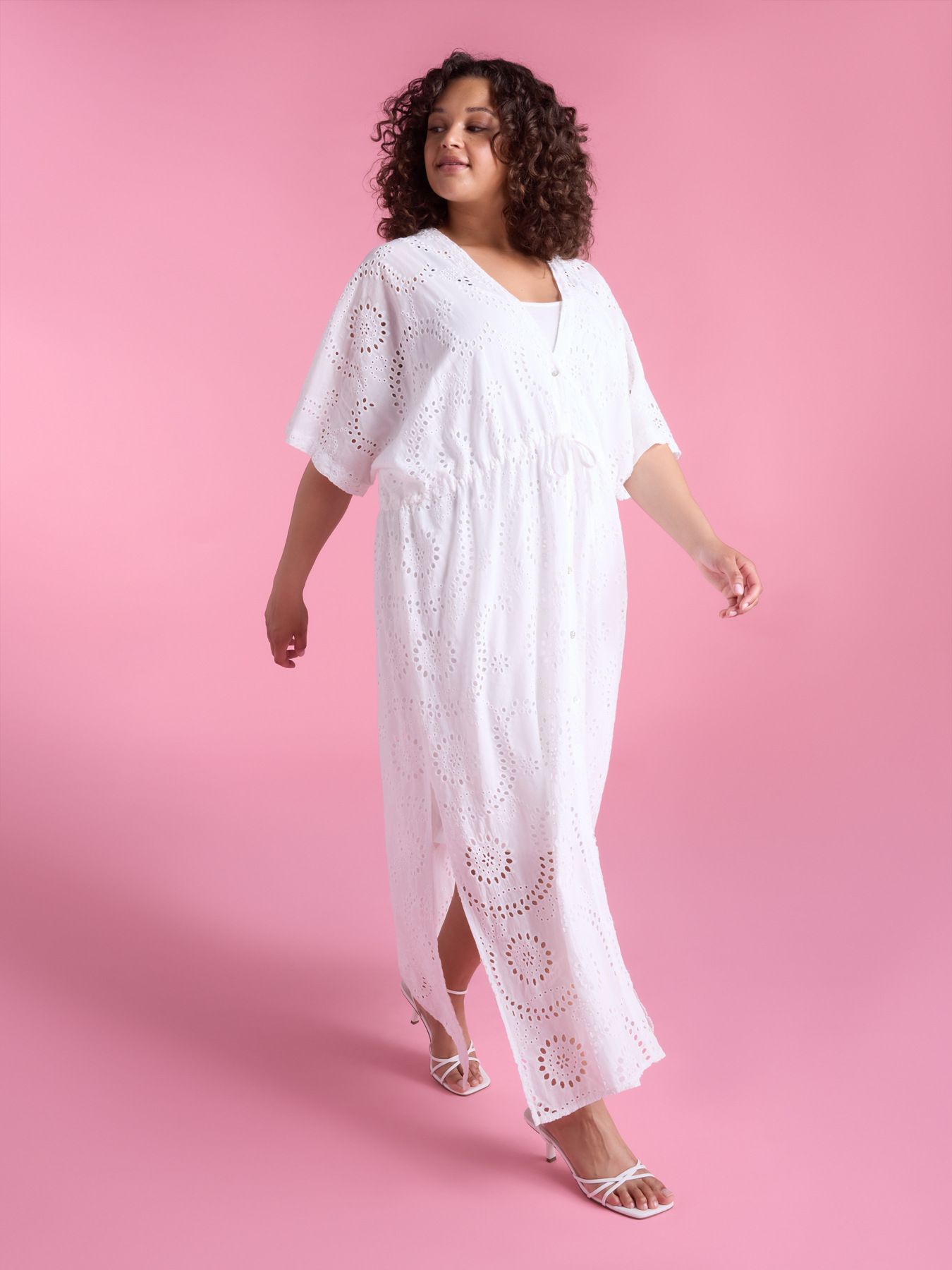 Long Broderie Anglaise kaftan dress image number 1
