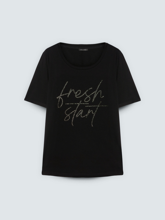 T-shirt with rhinestone lettering