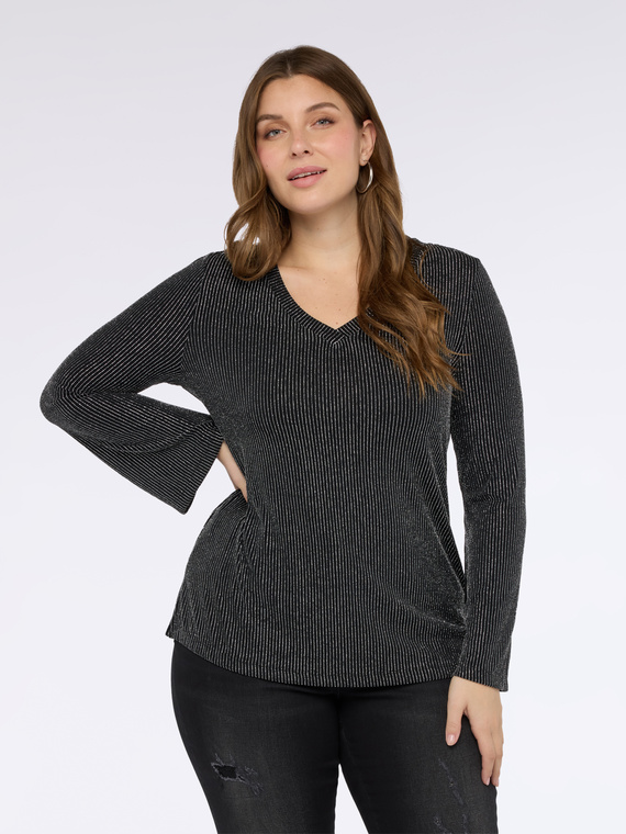 Laminated jersey T-shirt with V-neck