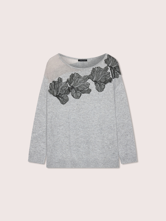 Wool-blend sweater with floral appliqu&eacute;s