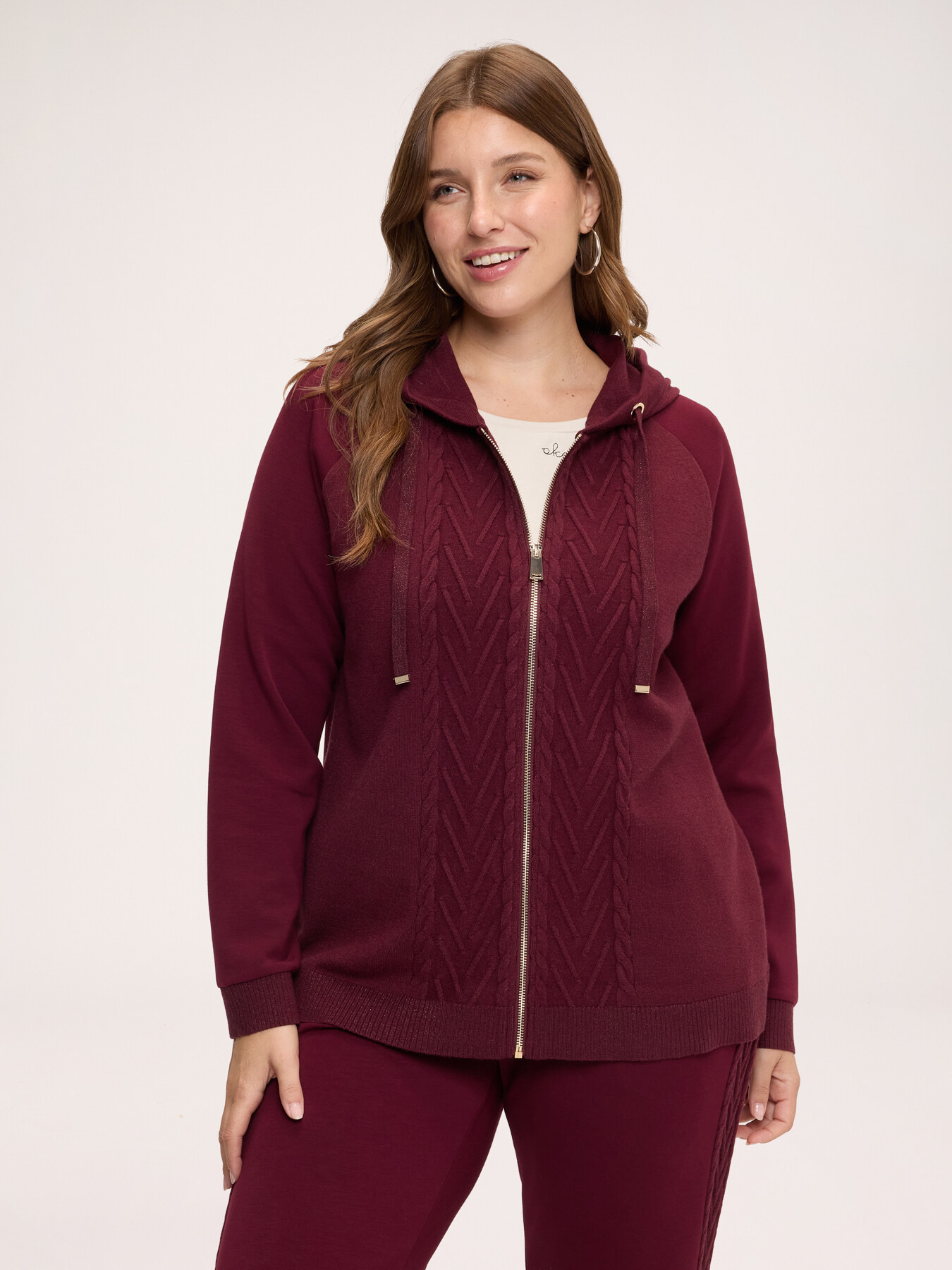 Open cardigan with hood and cable knit image number 0