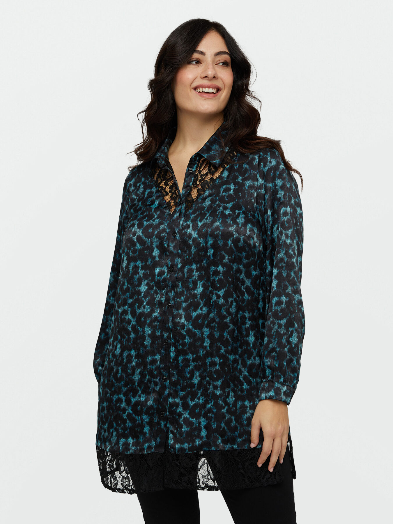 Printed satin dress with lace image number 0