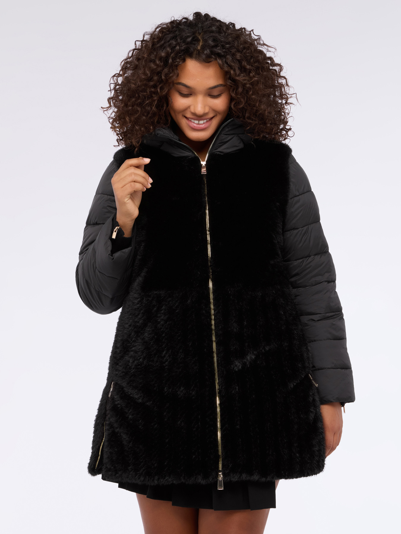 Bi-material down jacket with hood image number 2