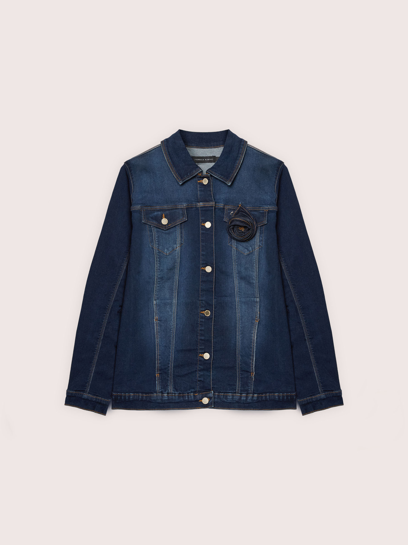 Denim jacket with floral brooch image number 3