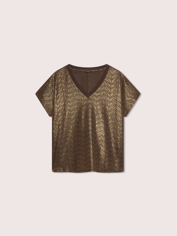 T-Shirt aus laminiertem Jersey mit V-Ausschnitt