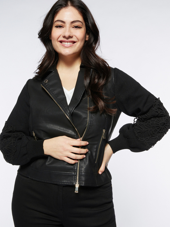 Fiorella Rubino - Giacca biker con maniche in maglia e ricamo Donna, Nero Taglia: 41 (50 IT)