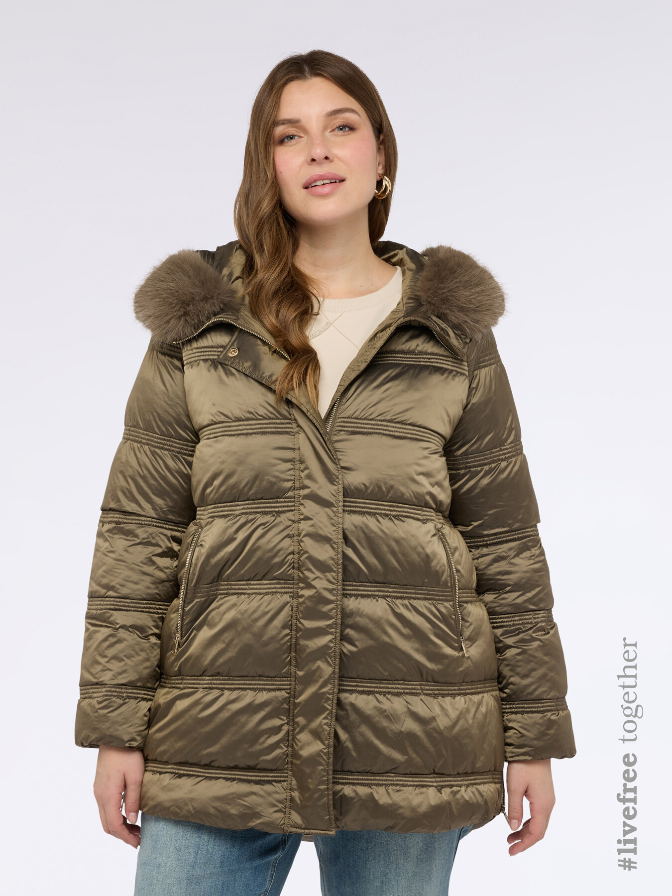 Down jacket with hood and plush trim image number 0
