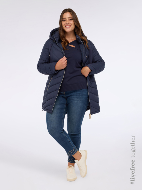 Long quilted down jacket with hood