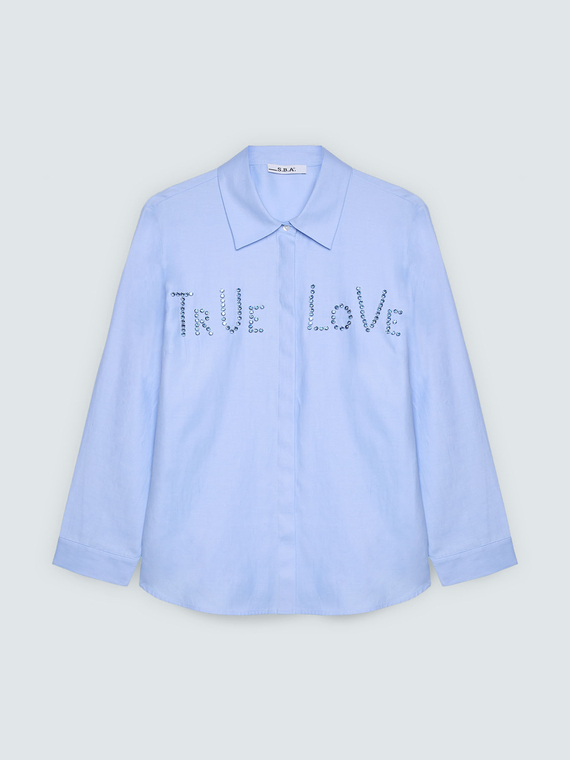 Shirt with rhinestone lettering
