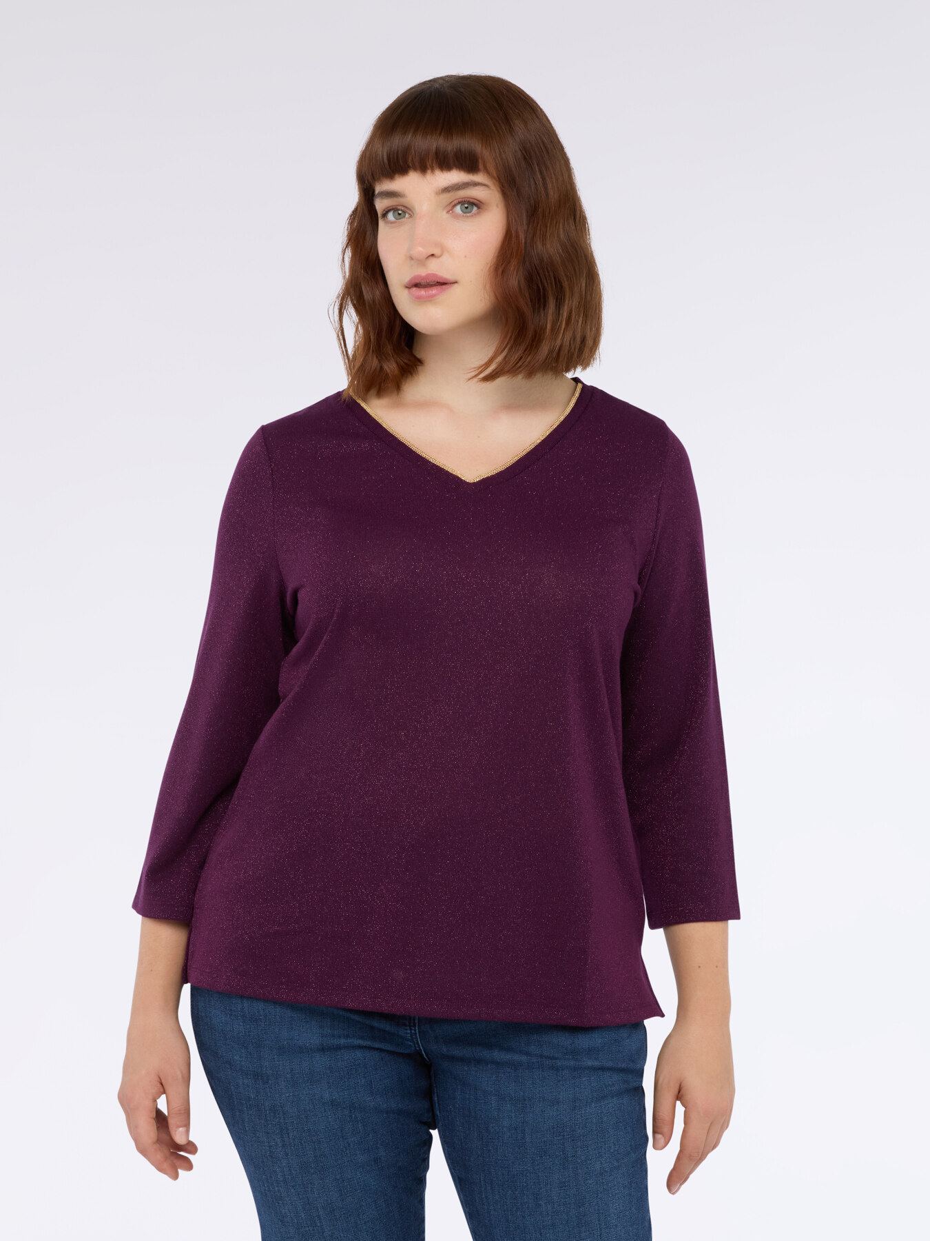 T-shirt in jersey lurex con scollo a V image number 2