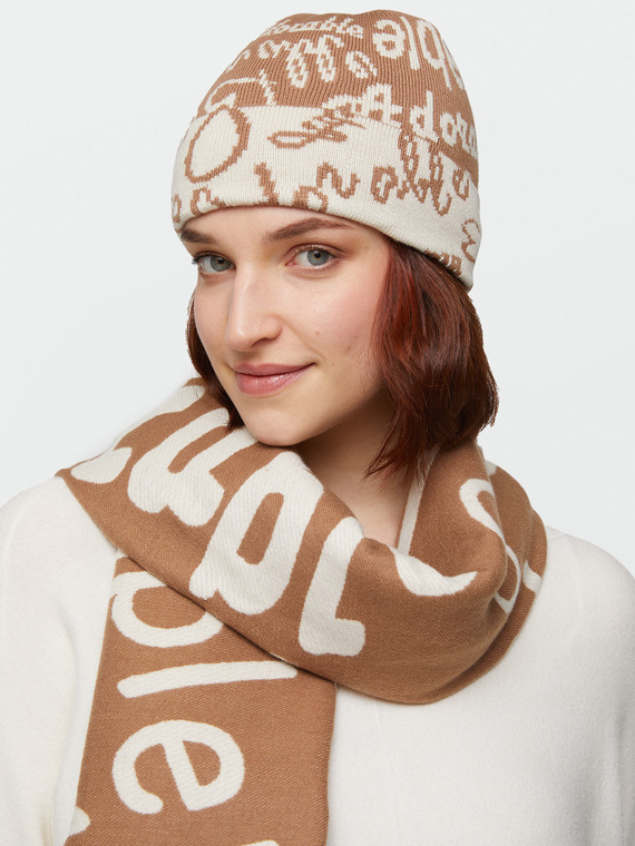 Fiorella Rubino - Cappello in tricot con scritte Donna, Beige Taglia: 02