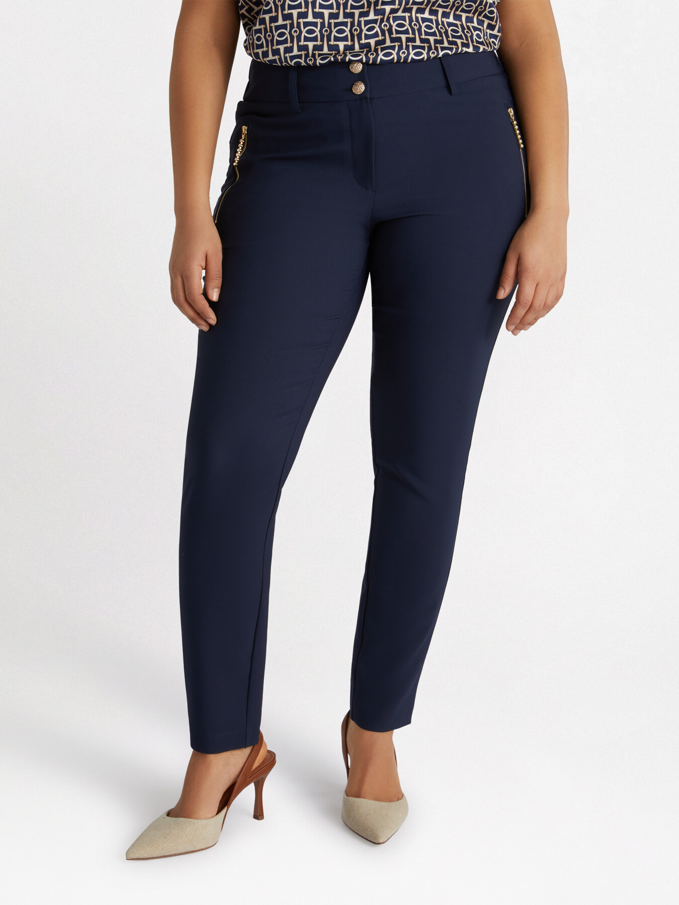 Skinny scuba trousers with zip and jewelled buttons image number 0