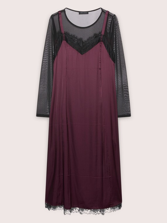 Slip dress in stretch satin with tulle and lace inserts