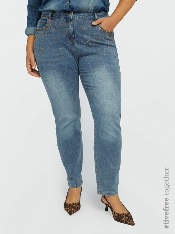 Fiorella Rubino - Jeans slim girl fit con strass Donna, Azzurro Taglia: 47 (56 IT)