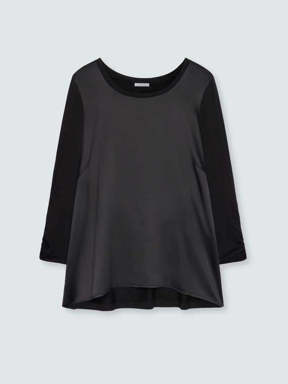 T-shirt bimati&egrave;re avec manches trois-quarts en satin et jersey