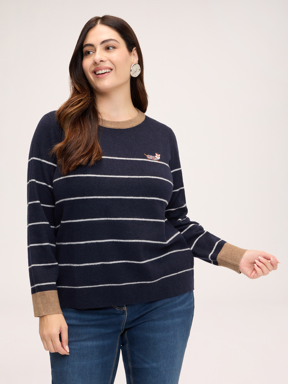 Gestreifter Strickpullover aus Wollmischung mit Stickerei
