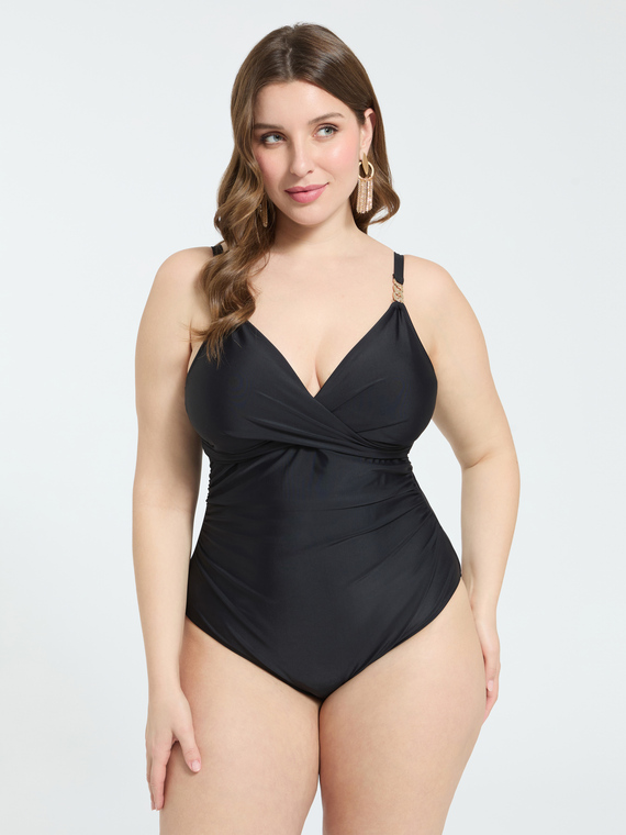 One-piece swimsuit with crossover neckline