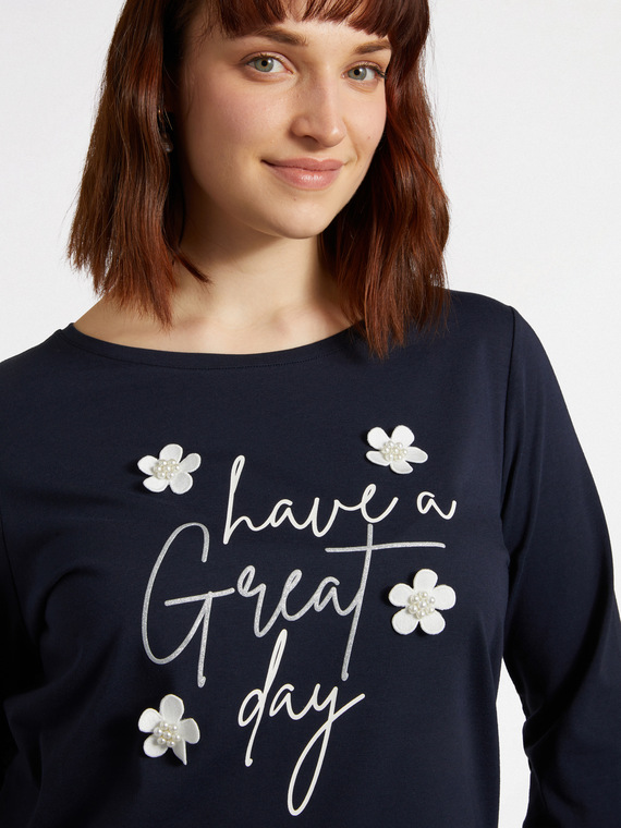 Fiorella Rubino - T-shirt con scritta e fiori ricamati Donna, Blu Taglia: S (48-50 IT)