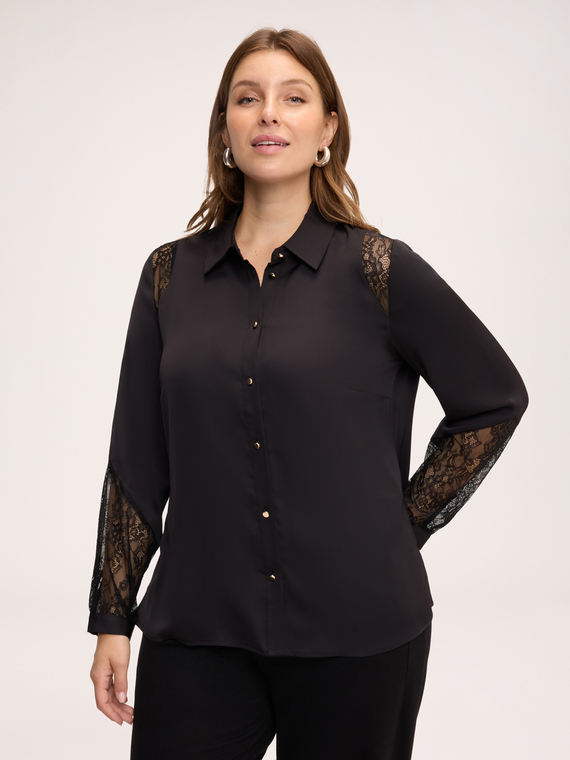 Stretch satin blouse with lace inserts