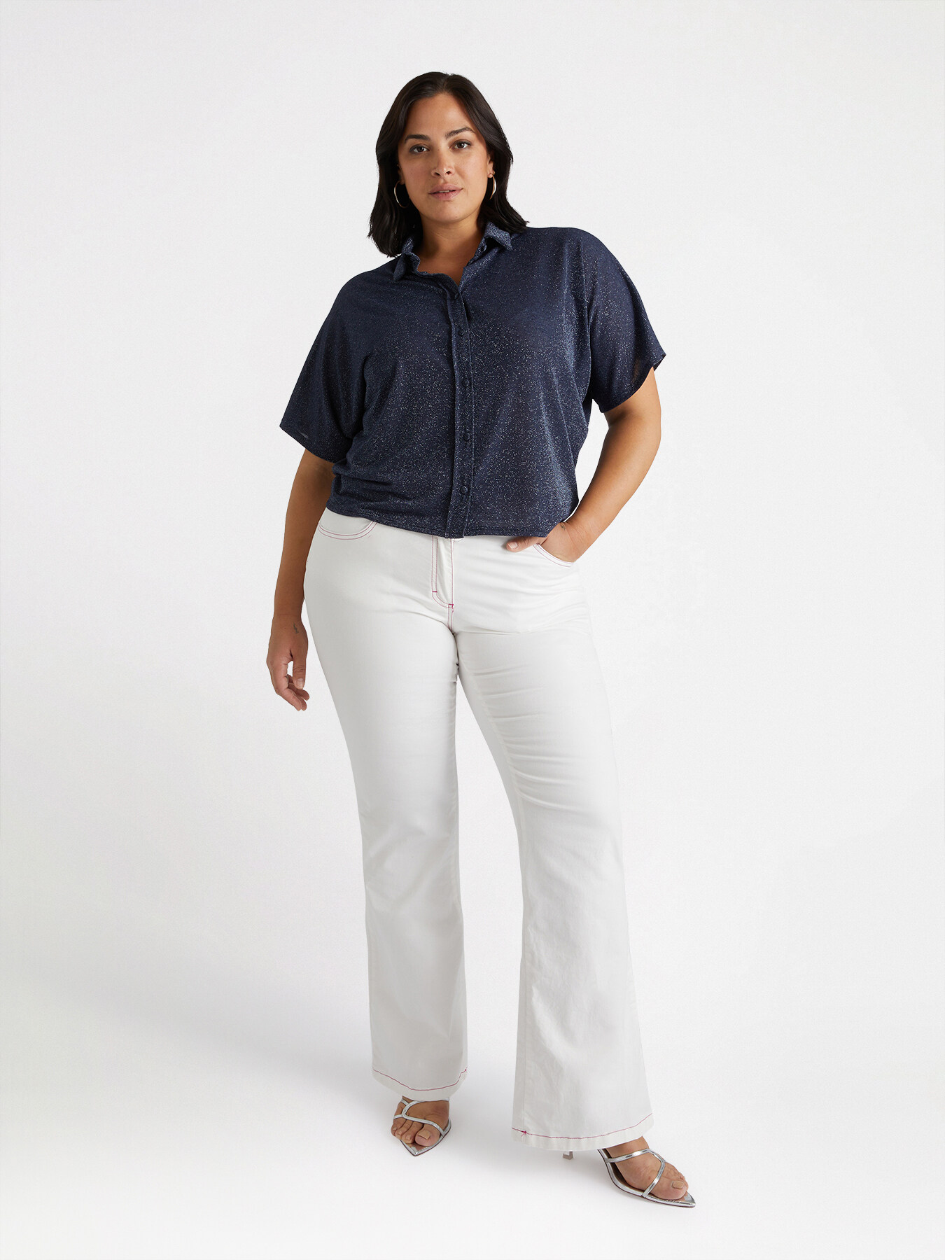 Pantalon flare en coton avec surpiq&ucirc;res fuchsia image number 0