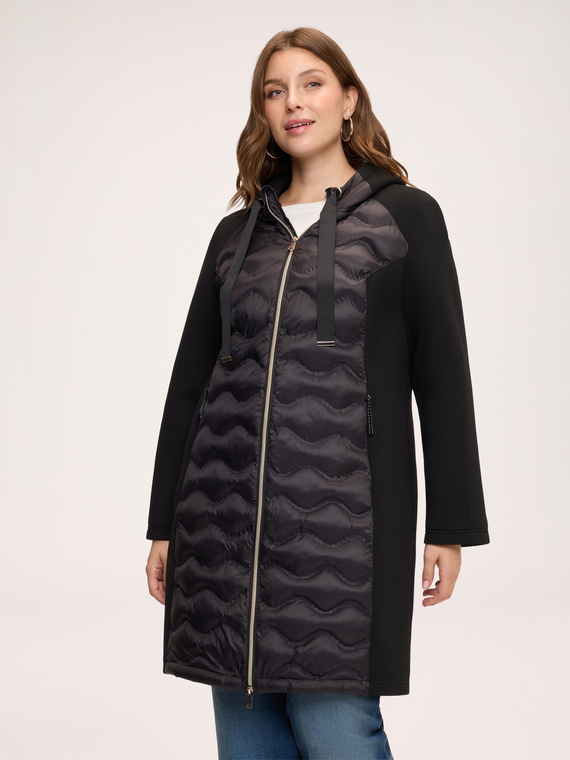 Bi-material down jacket with hood