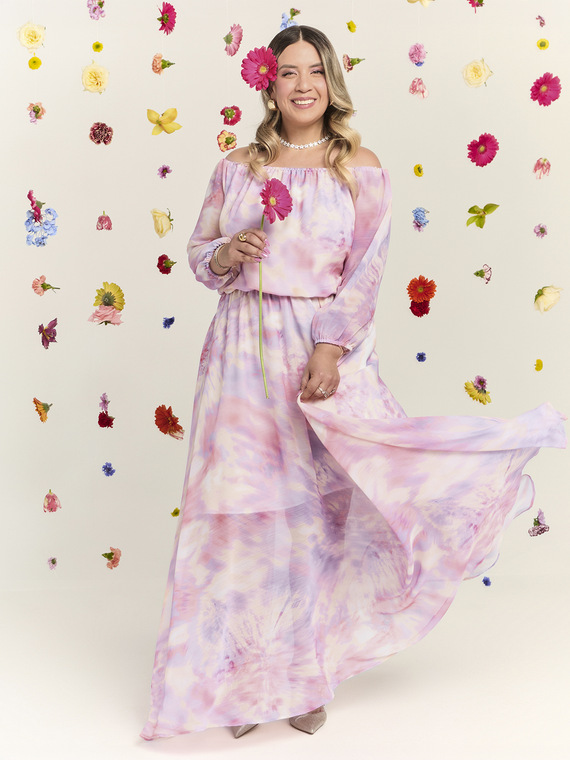 Long off-shoulder dress with gradient print