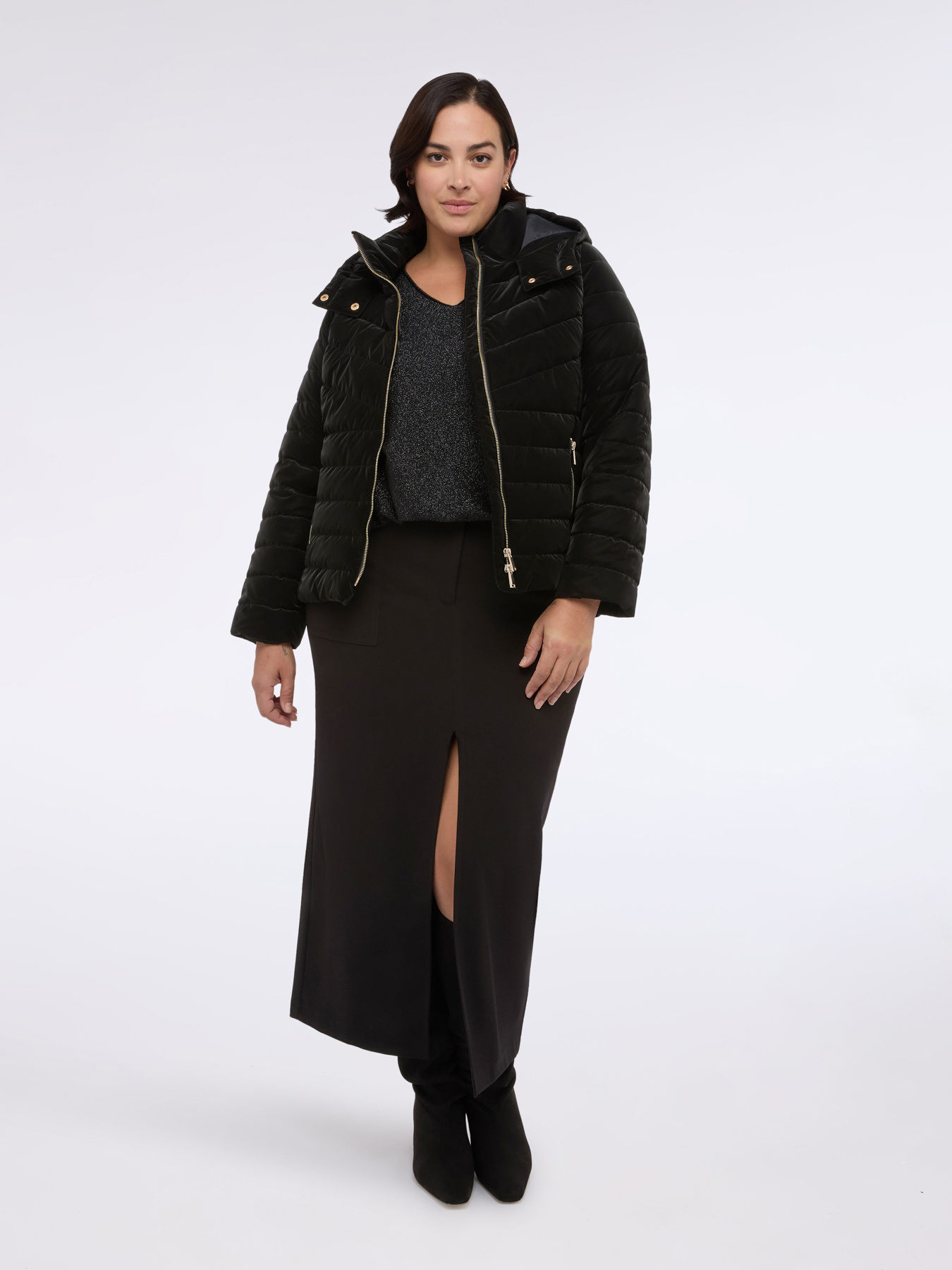 Velvet-effect hooded down jacket image number 0