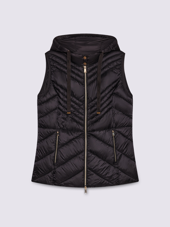 Sleeveless down jacket with hood and Sorona® Aura padding