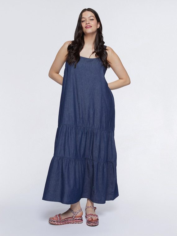 Fiorella Rubino - Vestito lungo a balze in denim leggero Donna, Blu Taglia: M (52-54 IT)
