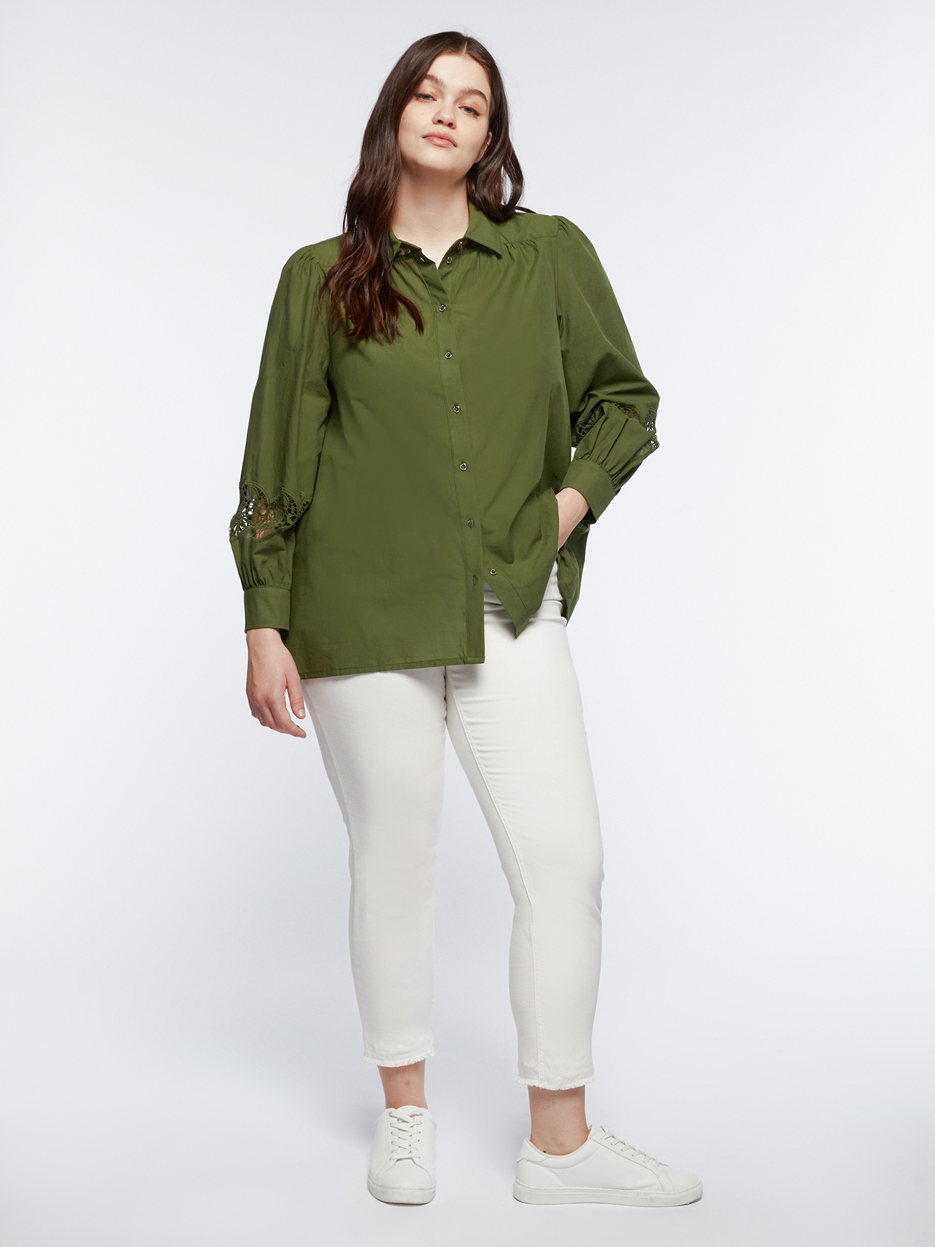 Camicia in cotone con pizzo sulle maniche image number 0