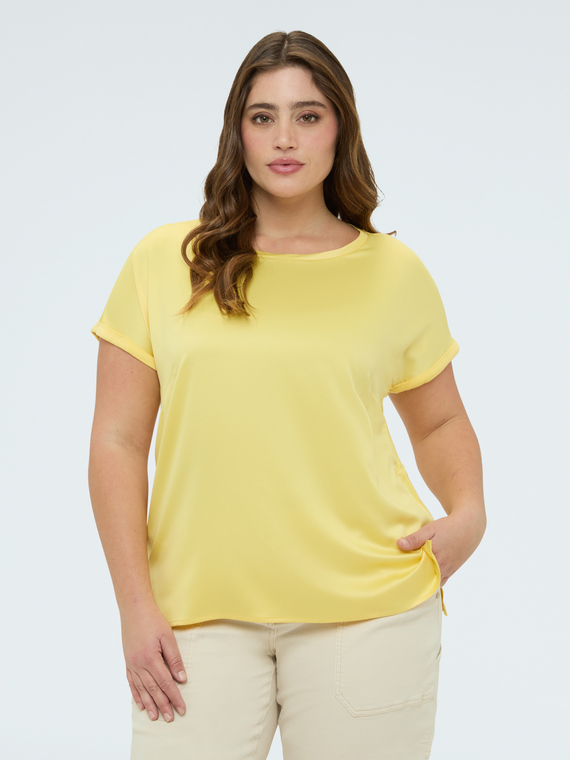 Bi-material t-shirt with round neckline