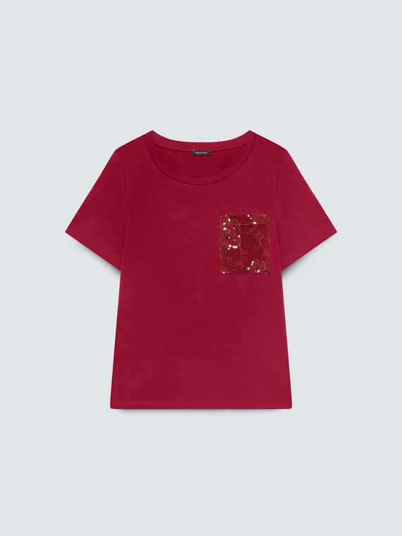 T-Shirt aus Baumwolle mit H&auml;keltasche und Pailletten