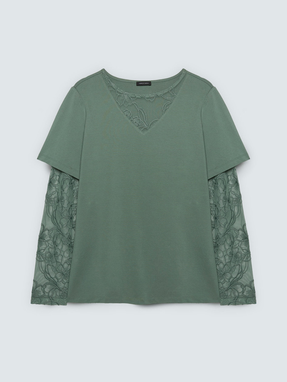 T-shirt avec manches et encolure en dentelle