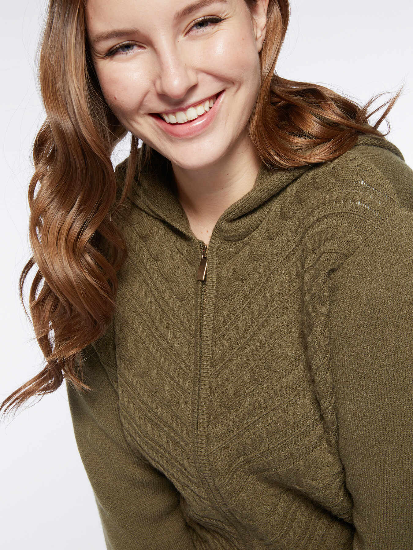 Hooded cardigan with cable pattern image number 3