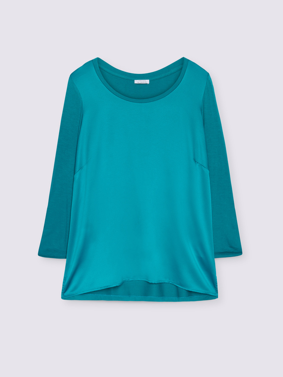 T-shirt bimati&egrave;re avec manches trois-quarts en satin et jersey