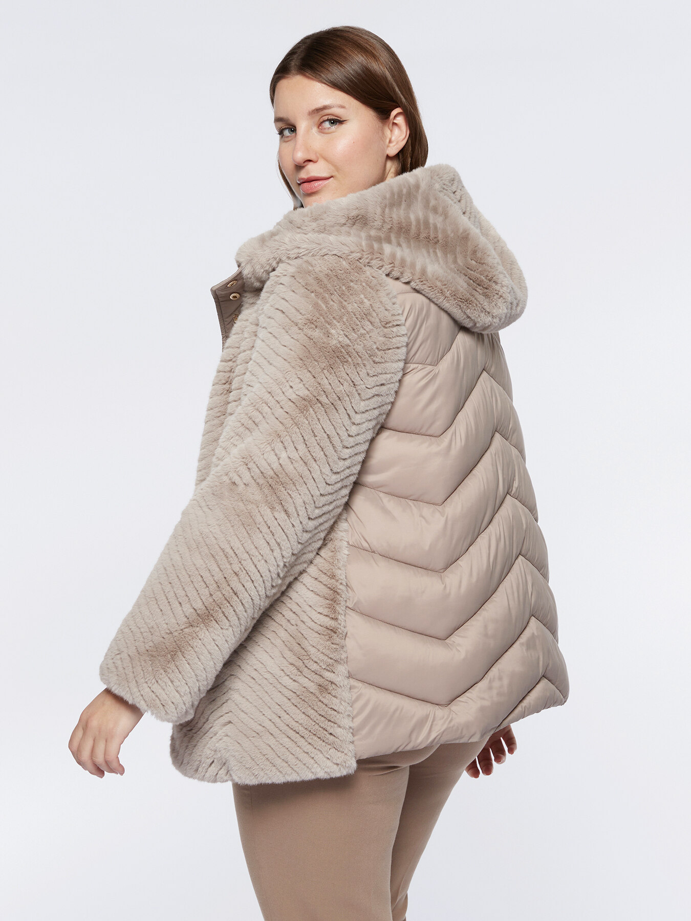 Nylon and fur-effect fabric down jacket image number 1