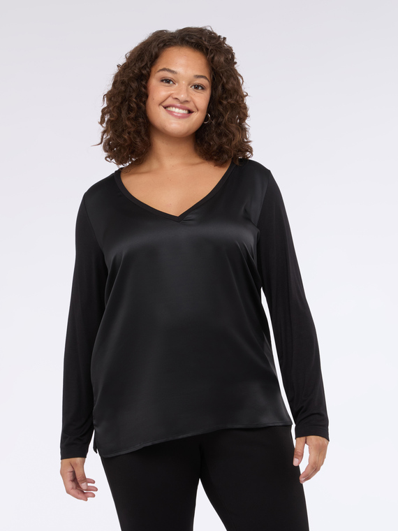 T-shirt bimaterica con scollo a v e maniche lunghe | Fiorella Rubino