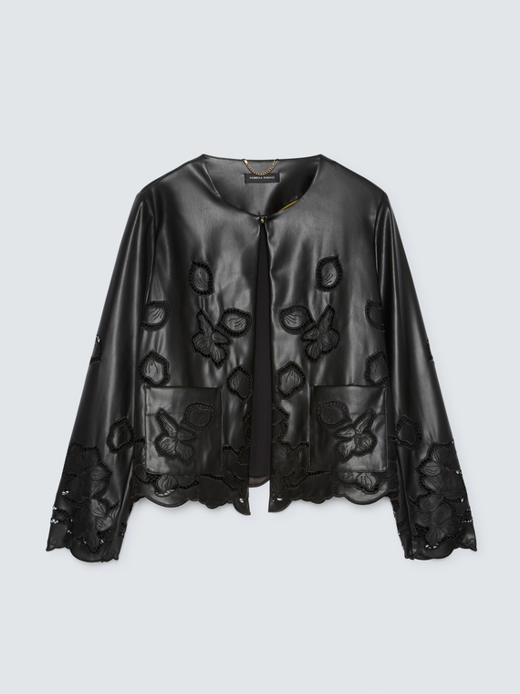 Coated fabric jacket with floral motifs