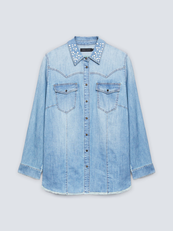 Denim shirt with embroidered collar
