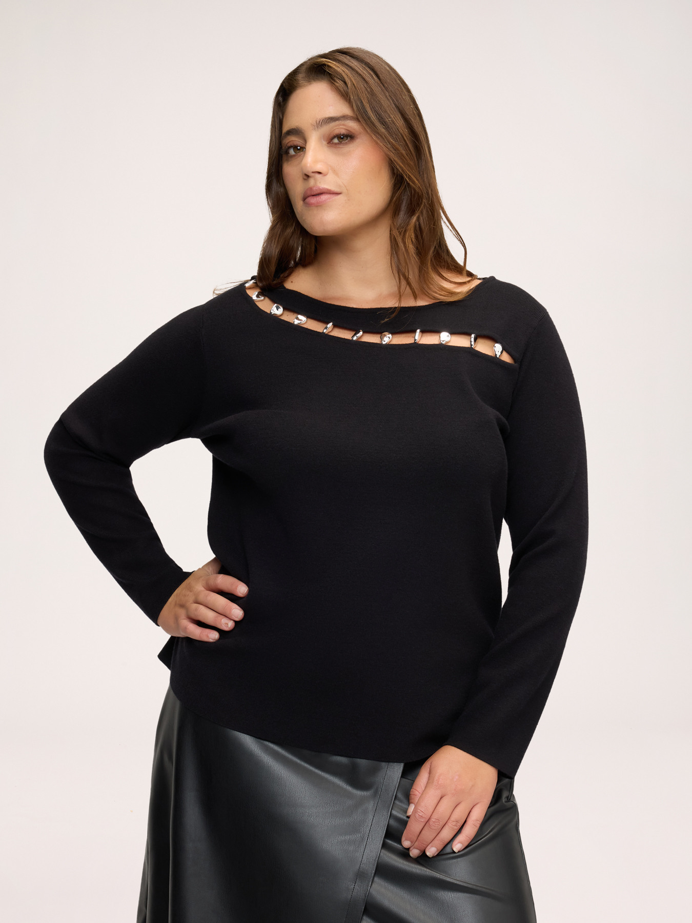 Boat-neck sweater with jewel embellishments image number 0