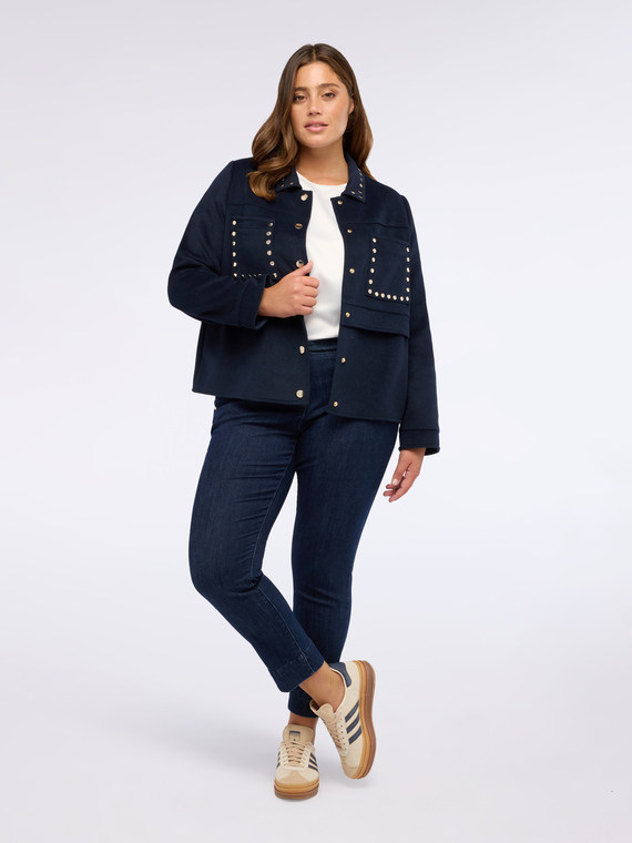 Fiorella Rubino - Giacca corta in misto lana con borchiette Donna, Blu Taglia: 47 (56 IT)