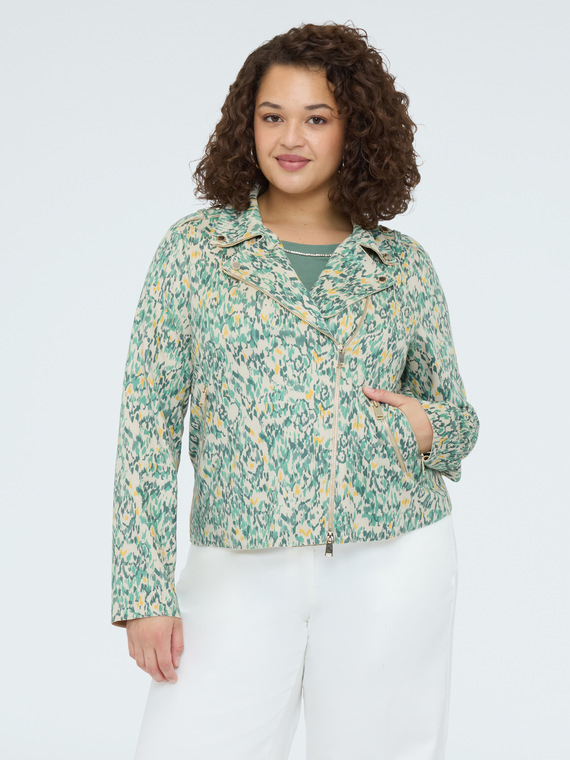 Biker jacket in printed soft touch fabric