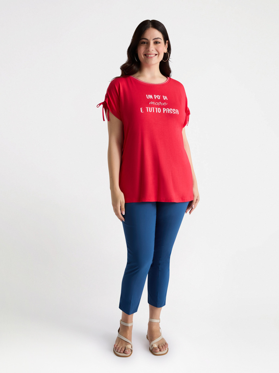 Fiorella Rubino - T-shirt ricamata in viscosa LENZING™ ECOVERO™ Donna, Rosso Taglia: XS (44-46 IT)