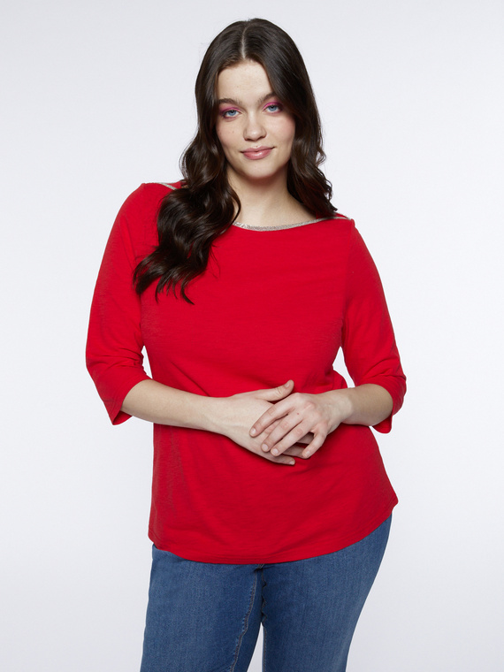 Fiorella Rubino - T-shirt in cotone con bordo lurex Donna, Rosso Taglia: S (48-50 IT)