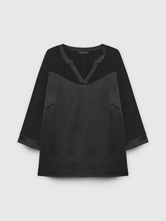 Fiorella Rubino - T-shirt bimaterica con scollo a V Donna, Nero Taglia: XS (44-46 IT)