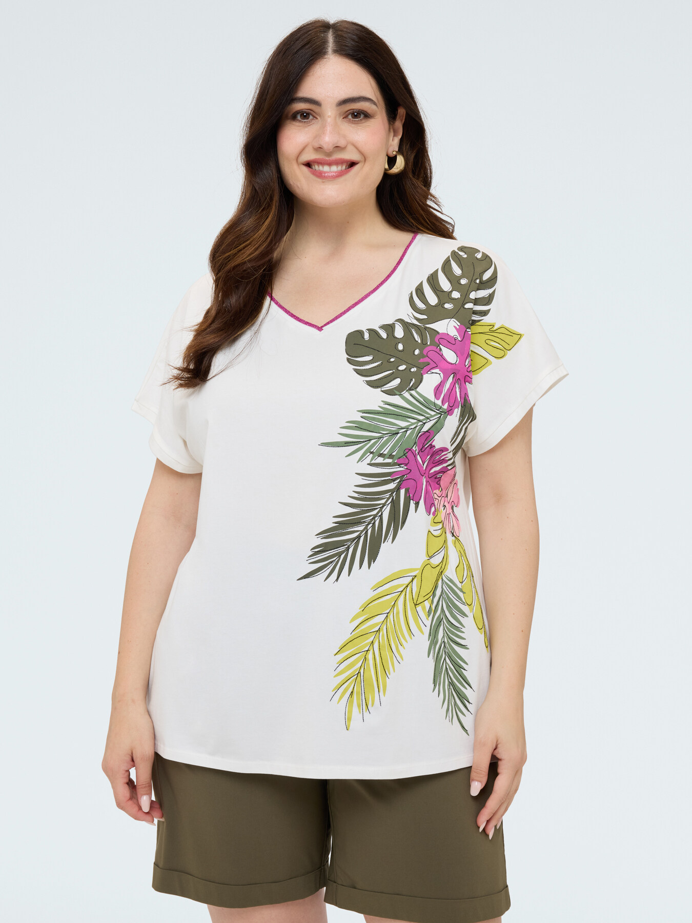 T-shirt en coton avec imprim&eacute; tropical image number 0