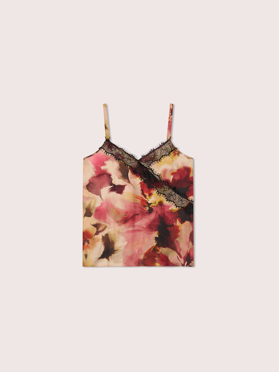 Top mit Blumendruck aus Satin und Spitze
