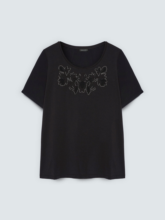 Bi-material t-shirt with floral embroidery